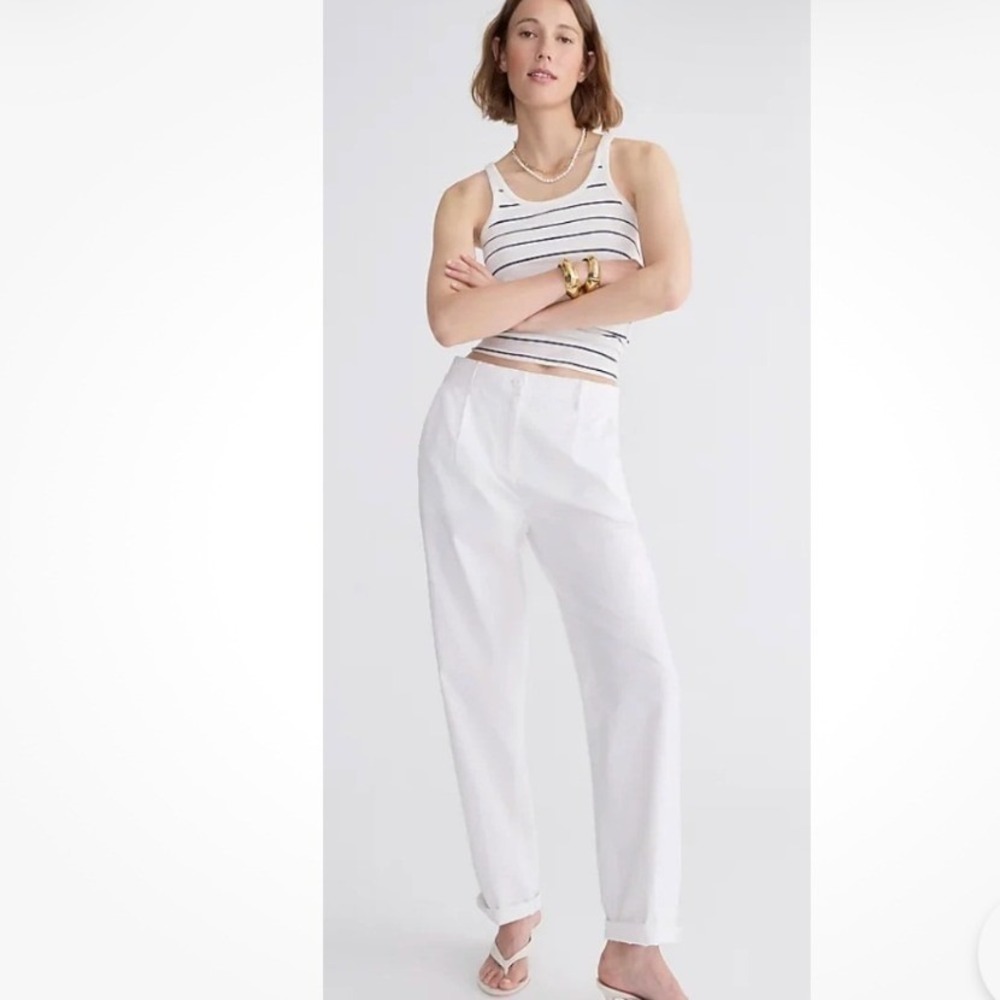 J Crew Maritime Tapered Pants Pleated 6 White Ripstop Cotton‎ Blend